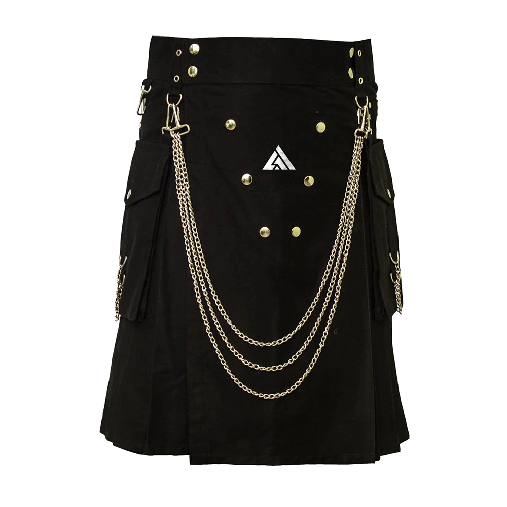 Black Gothic Utility Kilt with Chains and Studs