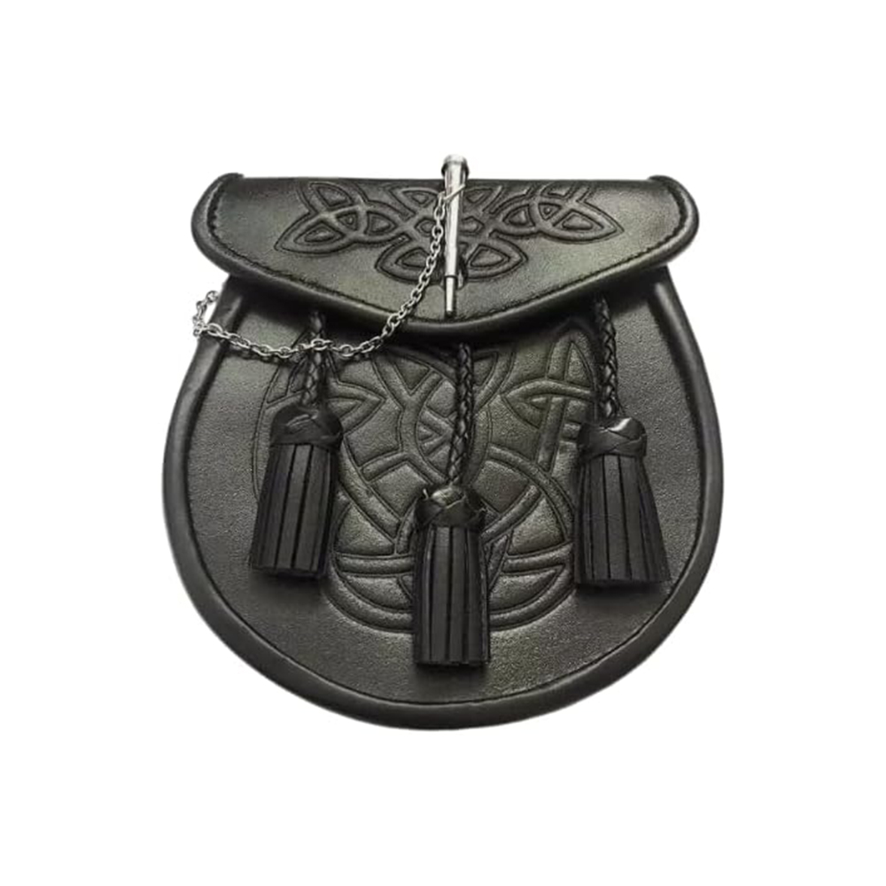 Black Leather Sporran with Embossed Celtic Knot Design