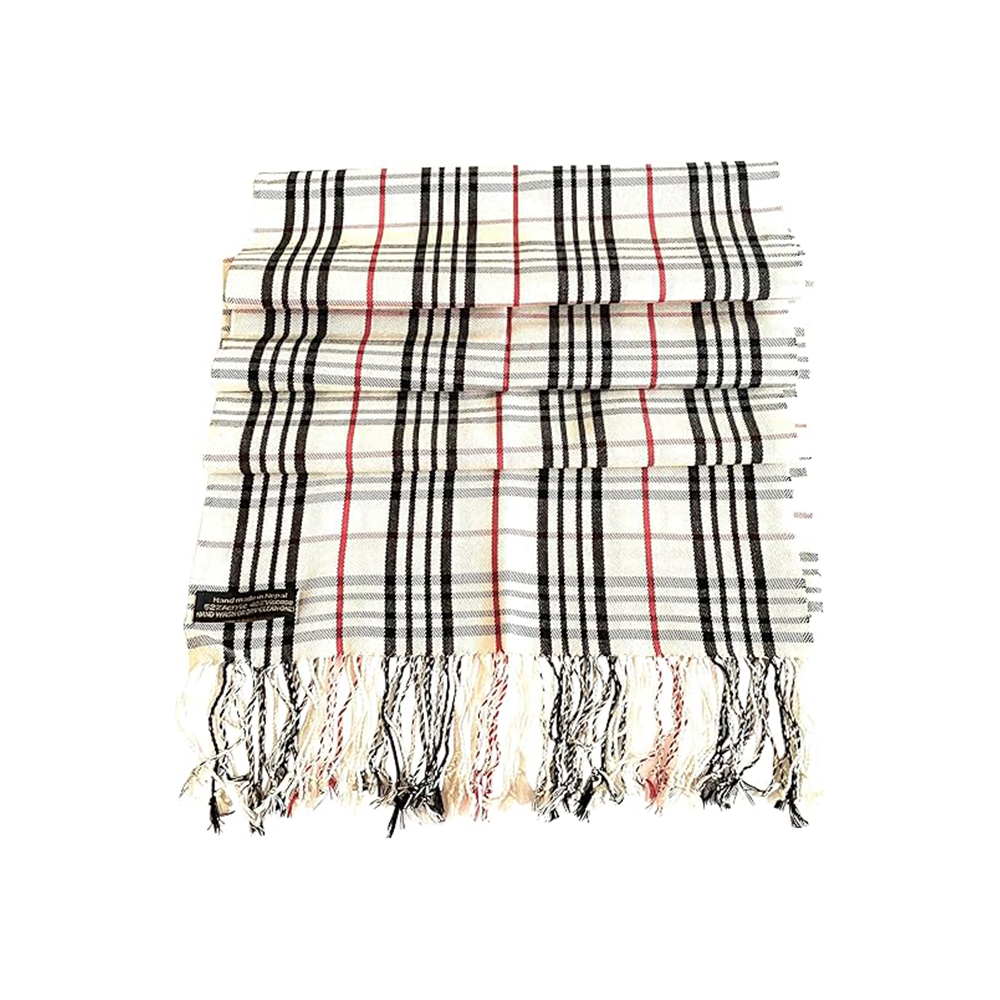 White/Cream Plaid Scarf with Black and Red Lines