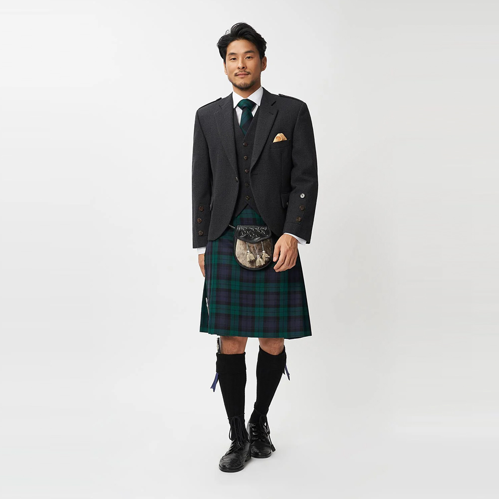 The Keville Charcoal Tweed Jacket & Waistcoat with Black Watch Kilt