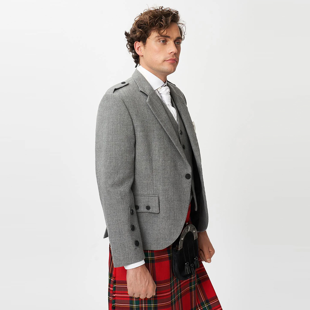 The Keville Light Grey Tweed Jacket & Waistcoat with Royal Stewart Kilt