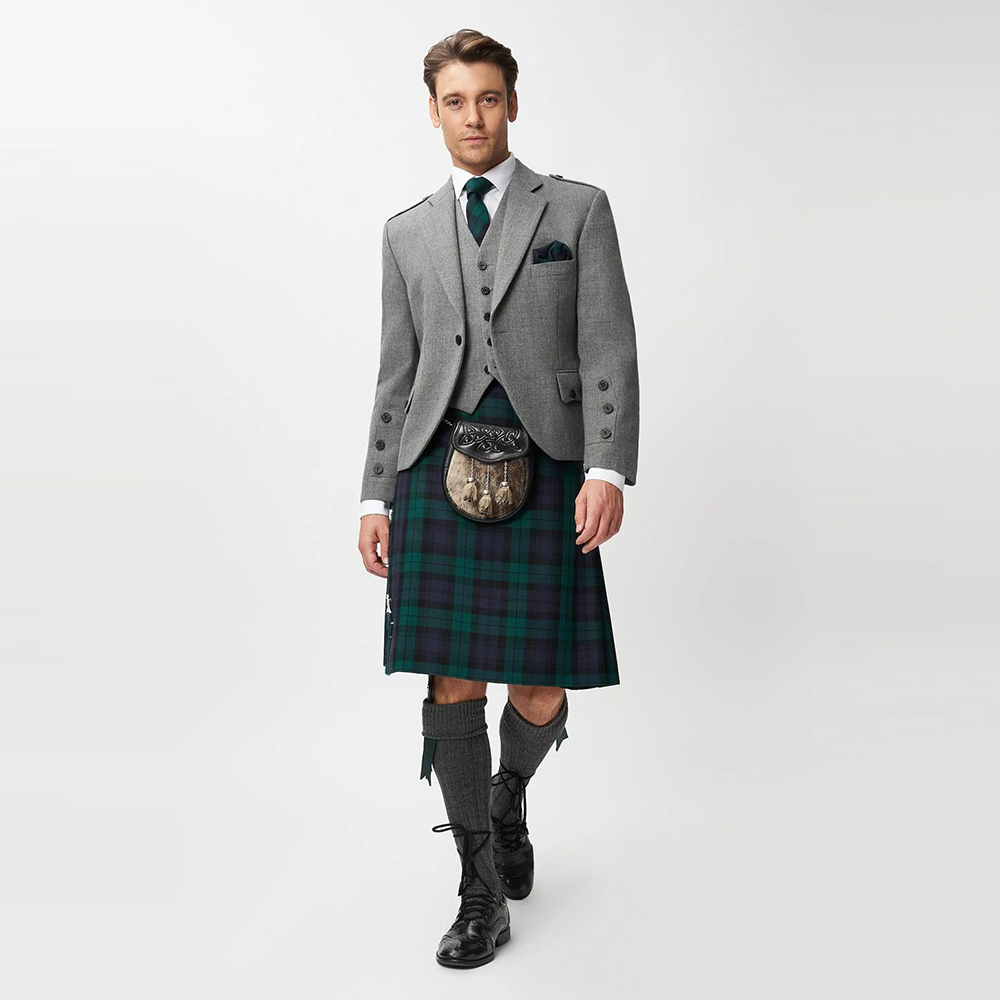 The Keville Light Grey Tweed Jacket & Waistcoat with Black Watch Kilt