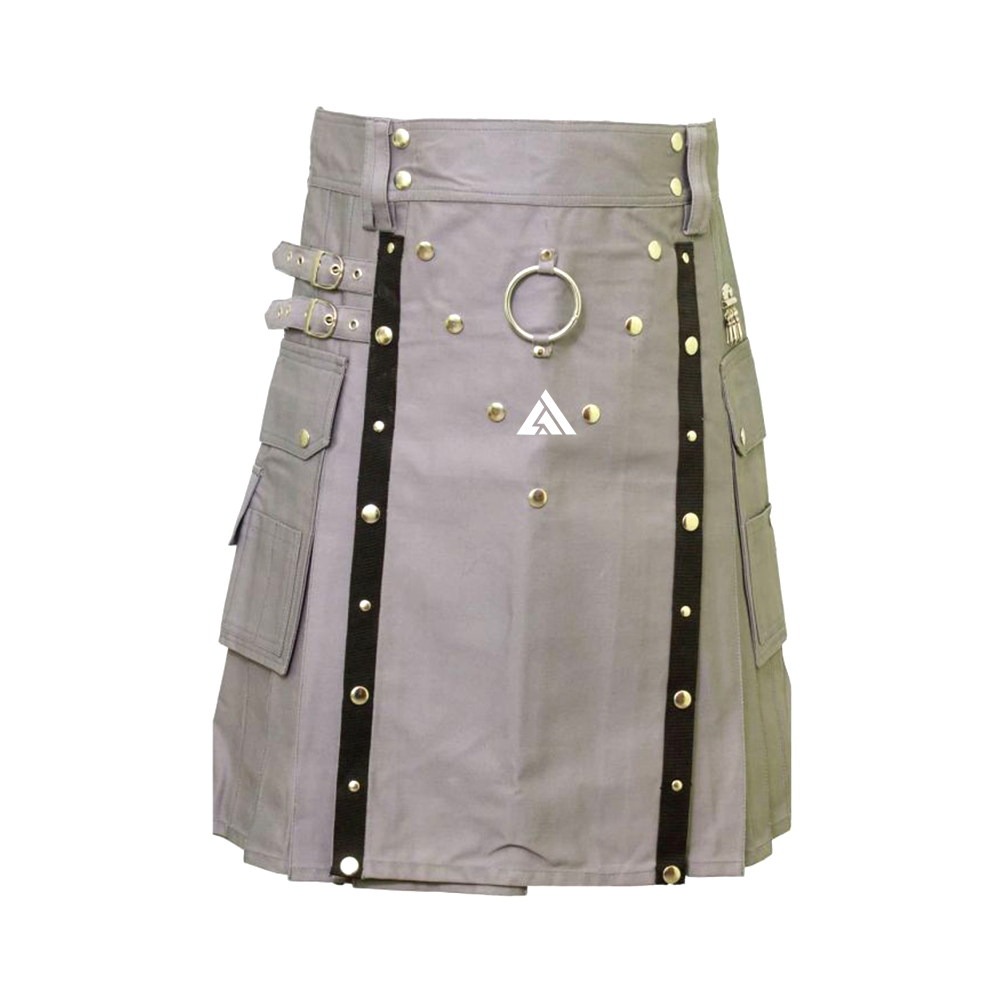 Grey Studded Utility Kilt with Rings and Straps