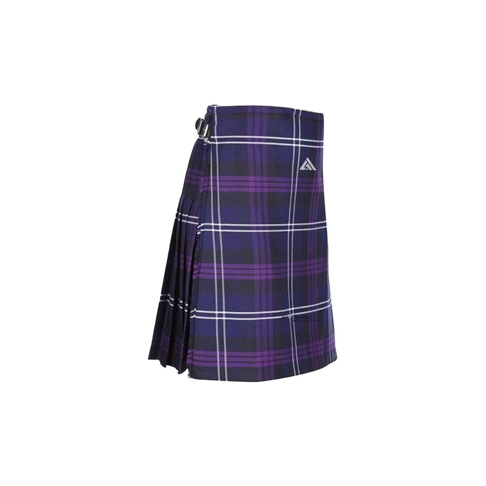 Modern Pleated Kilt in Purple, Blue, and Black Tartan