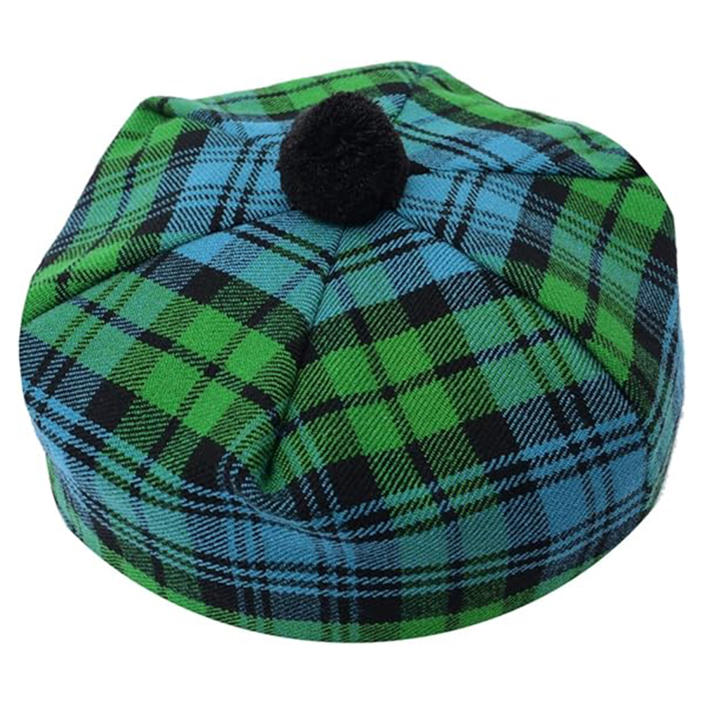 Green and Blue Tartan Bonnet with Pom-Pom