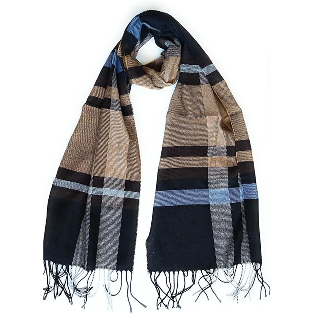 Neutral Plaid Scarf (Brown, Black, and Blue)