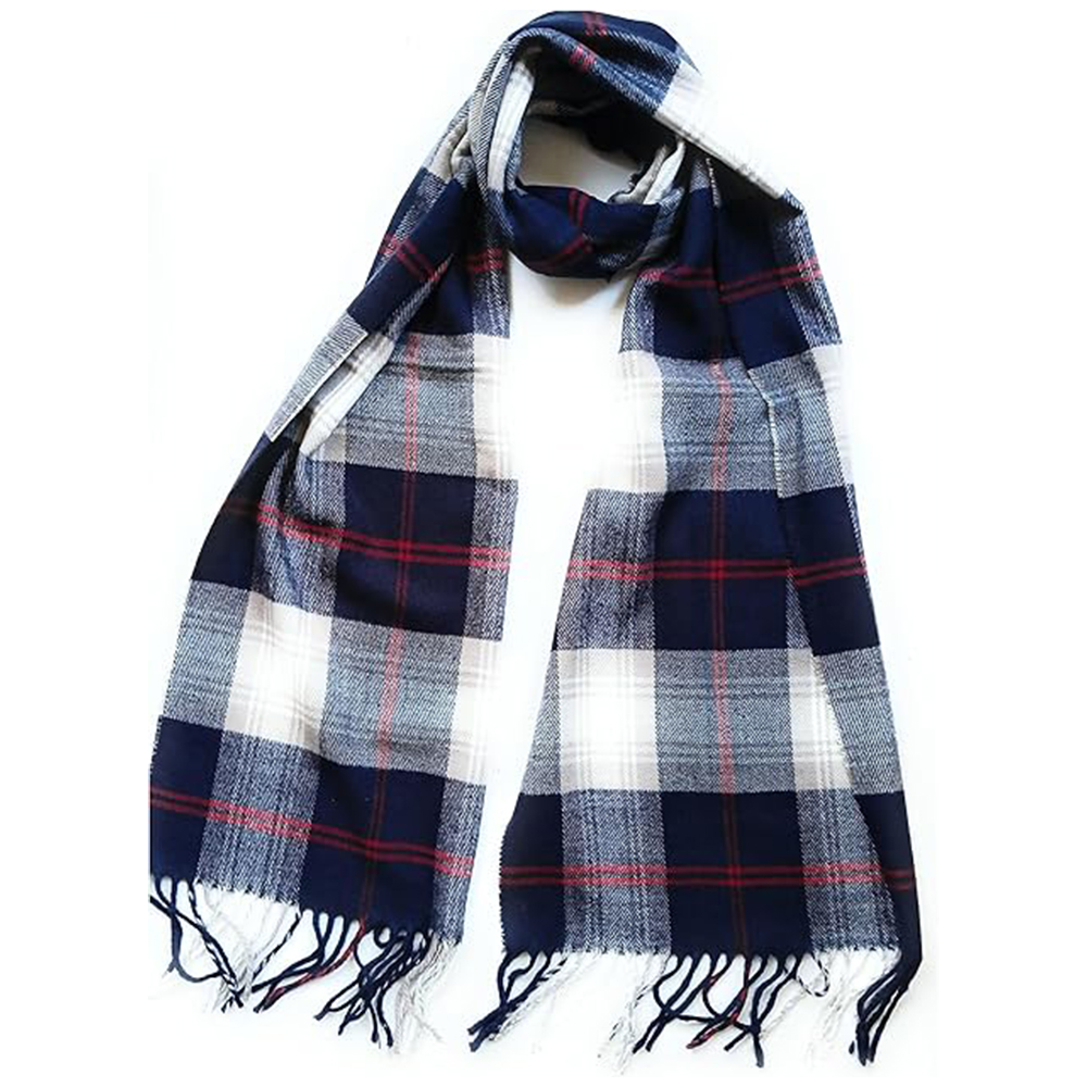 Navy Blue and White Plaid Scarf