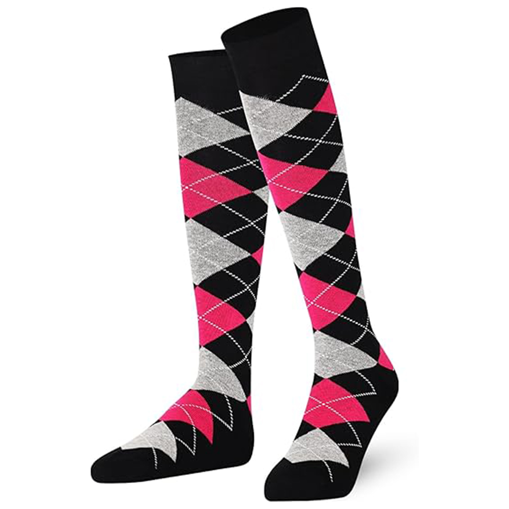 Black, Pink, and Grey Argyle Knee-High Socks