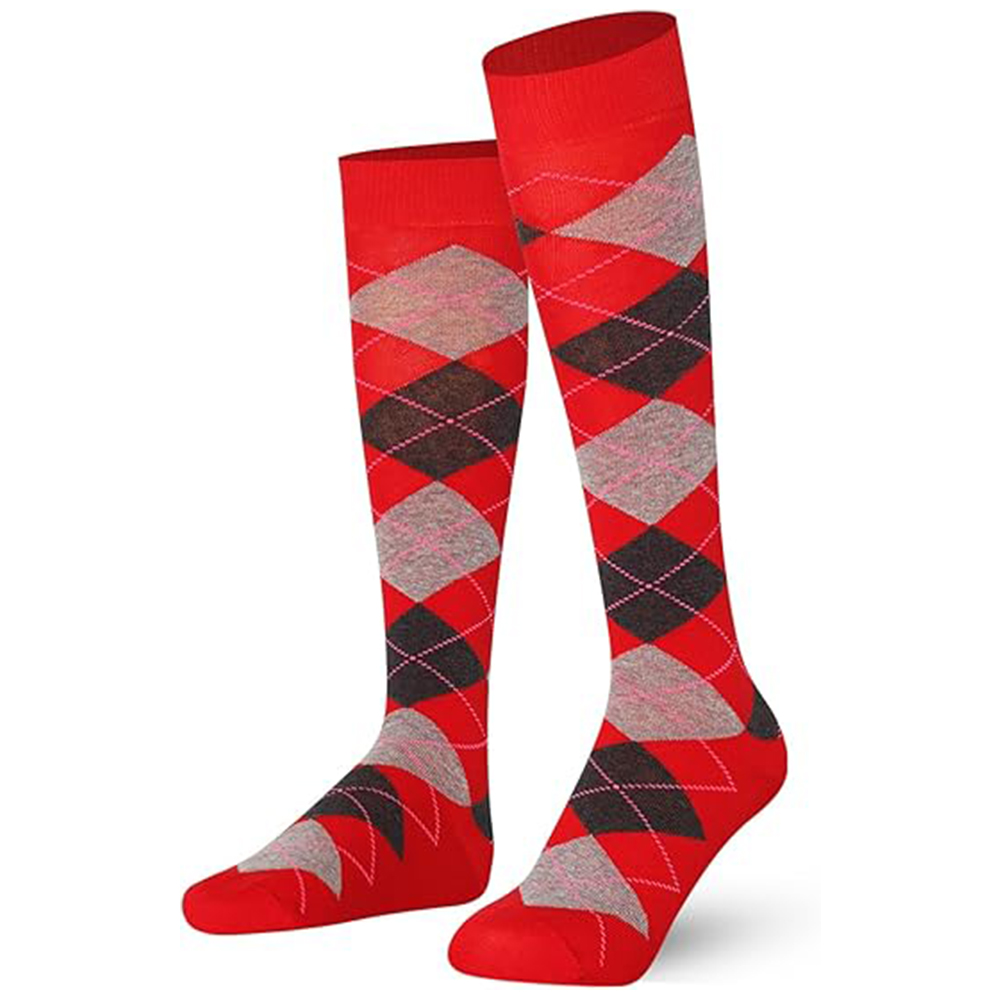 Red, Grey, and Black Argyle Knee-High Socks