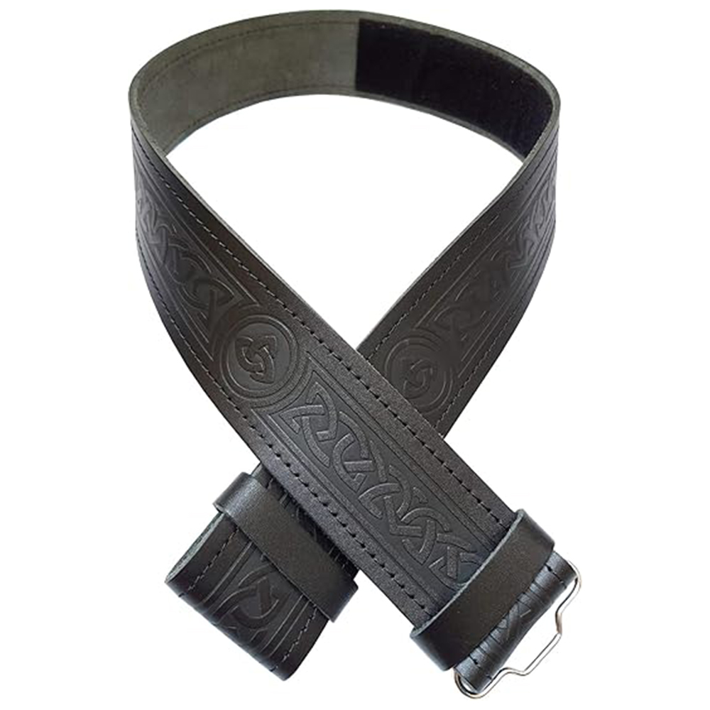 Black Leather Kilt Belt with Embossed Celtic Knot Pattern