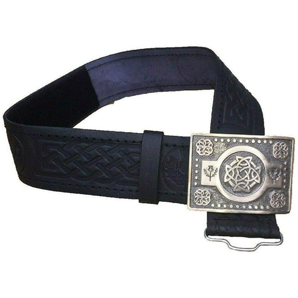 Black Leather Kilt Belt with Antique Brass Celtic Knot Buckle