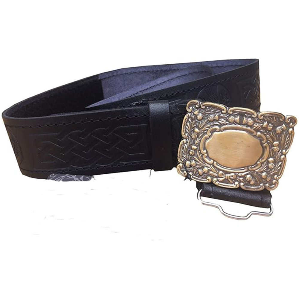 Black Leather Kilt Belt with Ornate Antique Brass Thistle Buckle