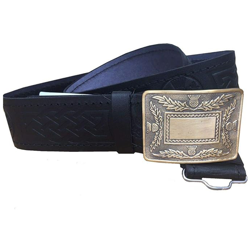 Black Leather Kilt Belt with Antique Brass Thistle Buckle