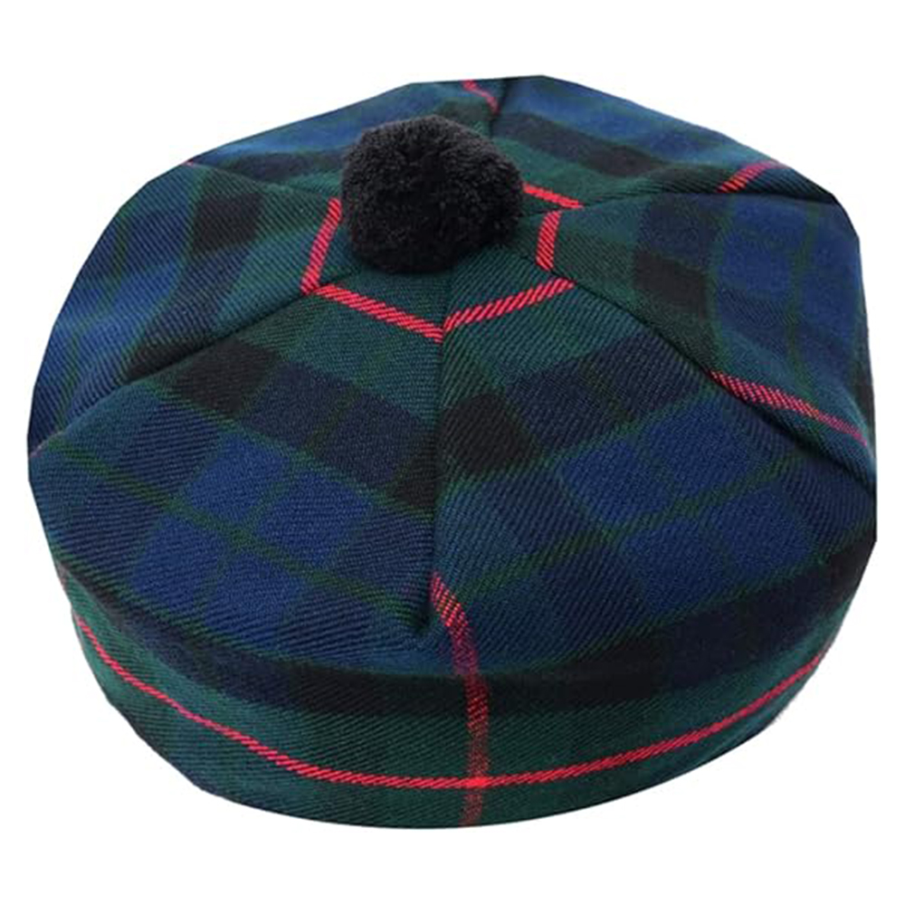 Dark Plaid Scottish Bonnet with Black Pom-Pom