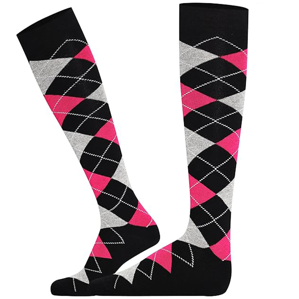 Black, Pink, and Grey Argyle Knee-High Socks