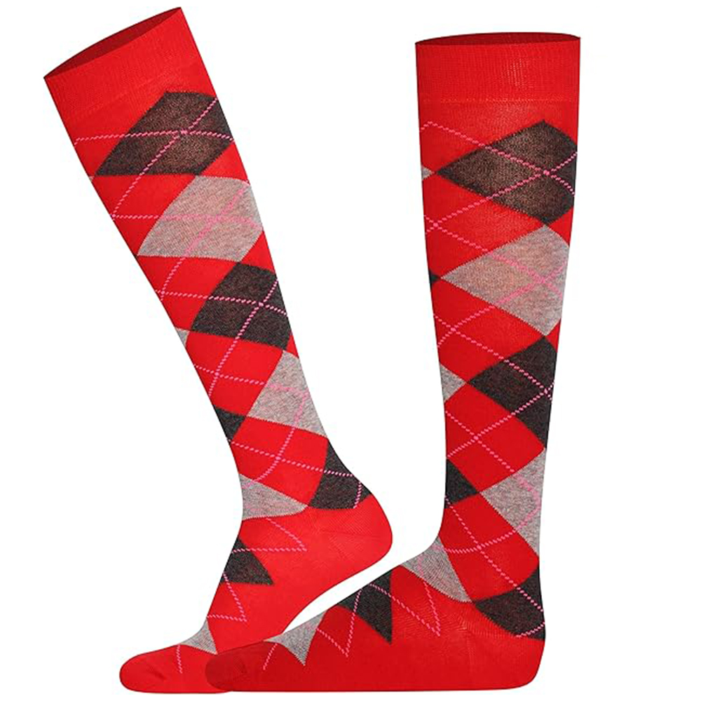 Red, Grey, and Black Argyle Knee-High Socks