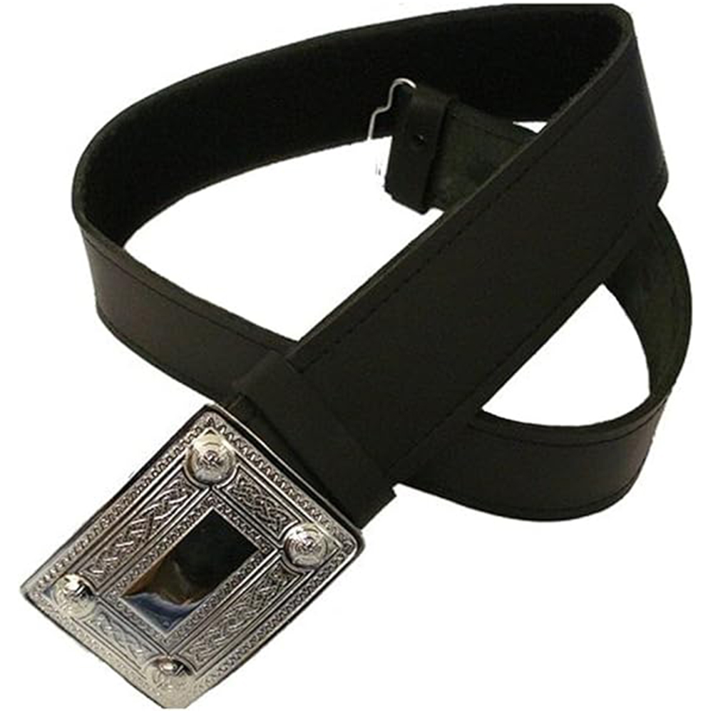 Black Leather Kilt Belt with Chrome/Silver Celtic Buckle