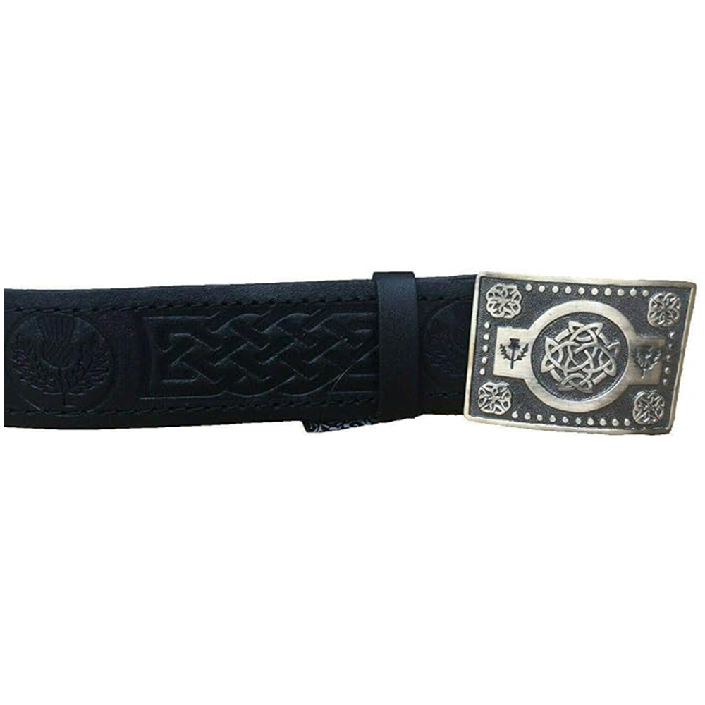 Black Leather Kilt Belt with Antique Brass Celtic Knot Buckle