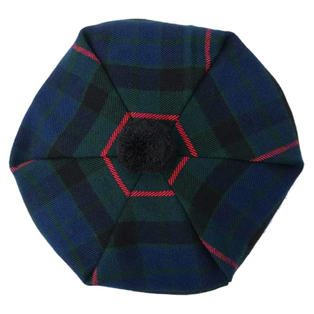 Dark Plaid Scottish Bonnet with Black Pom-Pom