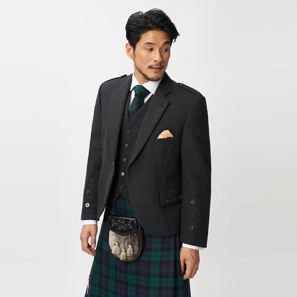 The Keville Charcoal Tweed Jacket & Waistcoat with Black Watch Kilt