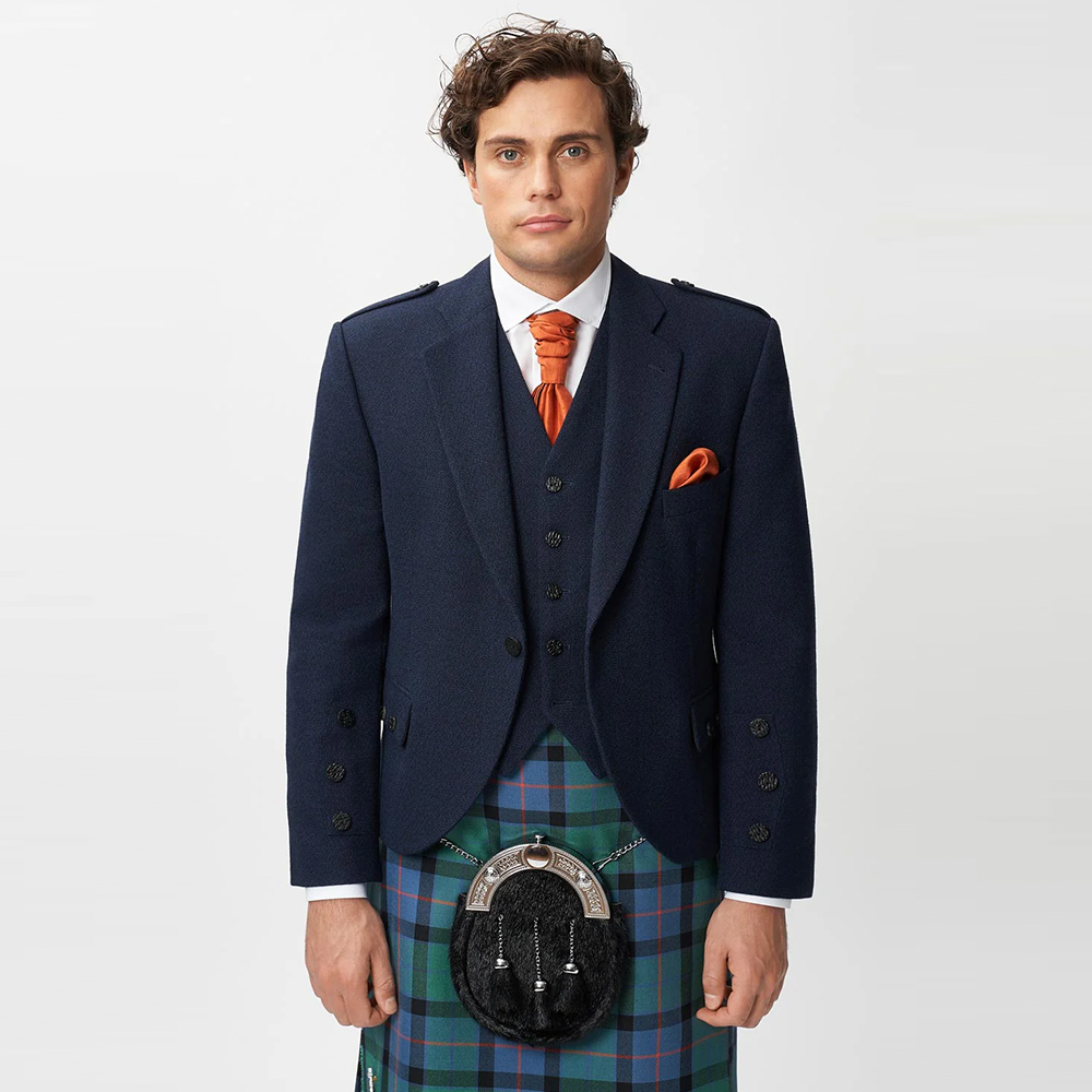 The Keville Navy Tweed Jacket & Waist Coat with Flower of Scotland Kilt