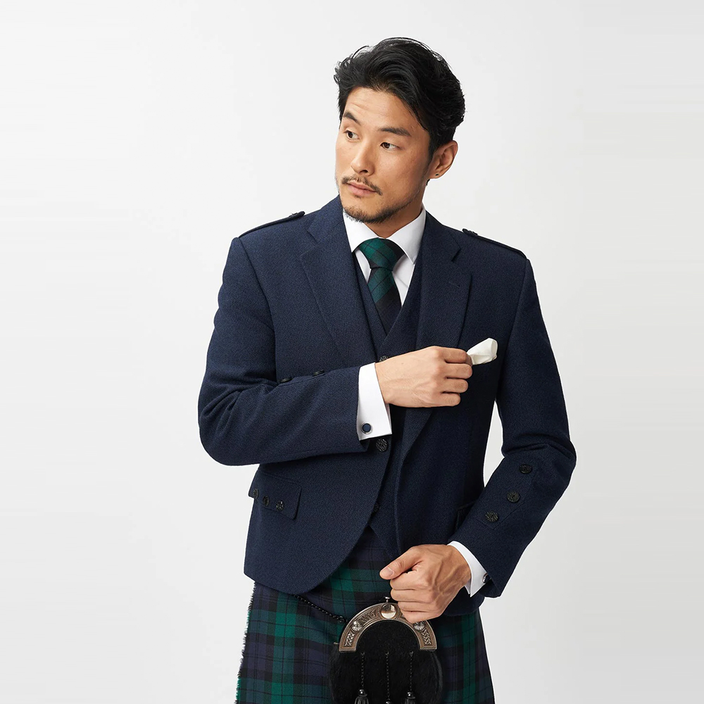 The Keville Navy Tweed Jacket & Waistcoat with Black Watch Kilt