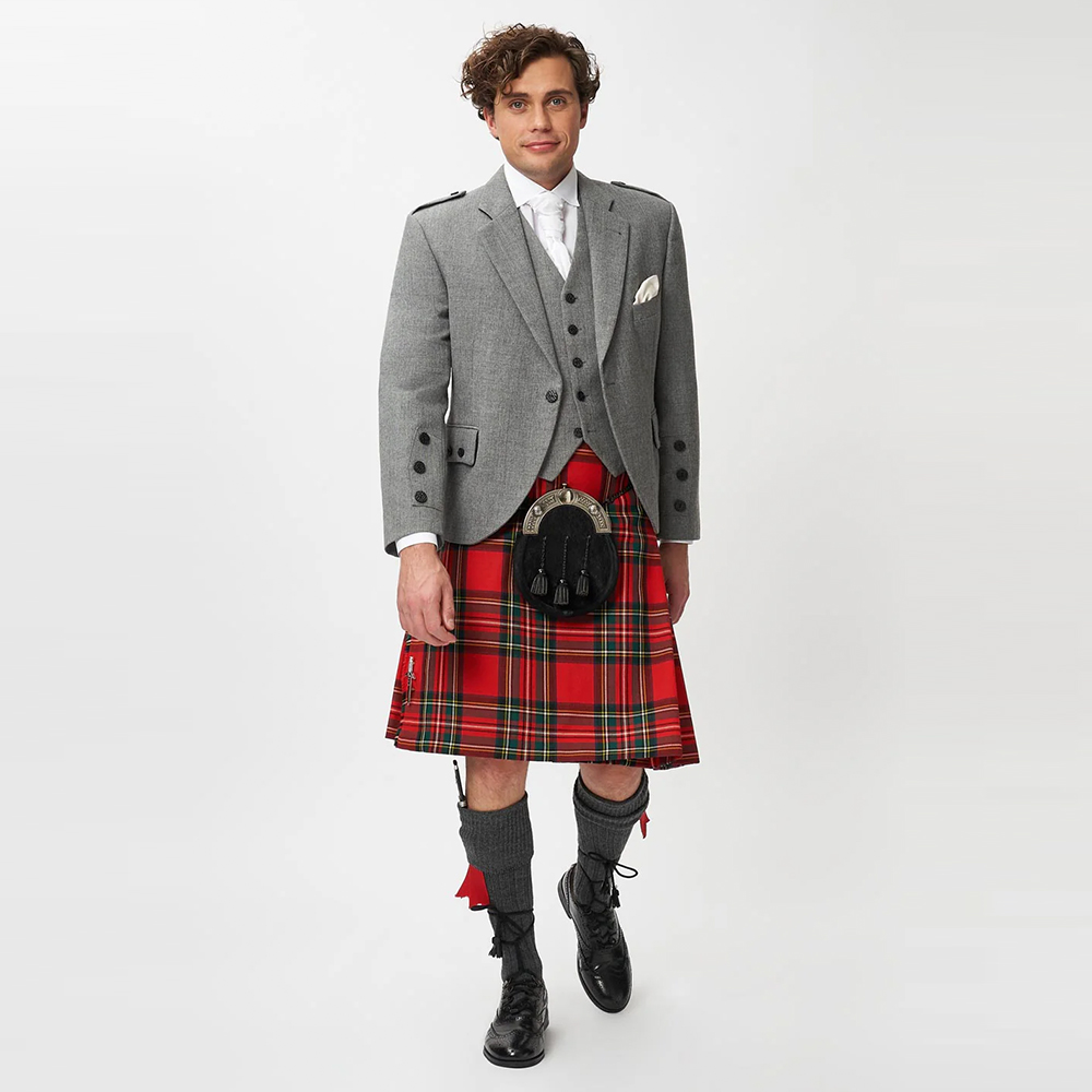 The Keville Light Grey Tweed Jacket & Waistcoat with Royal Stewart Kilt
