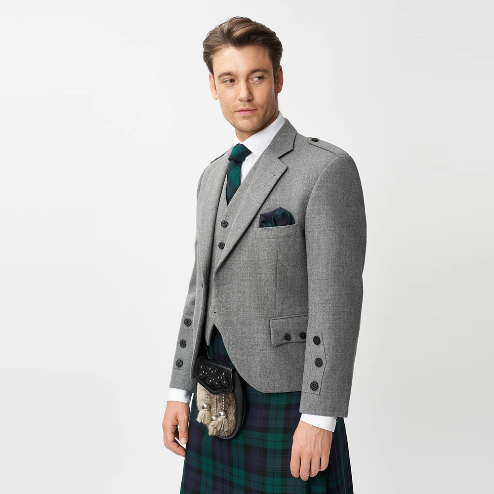 The Keville Light Grey Tweed Jacket & Waistcoat with Black Watch Kilt