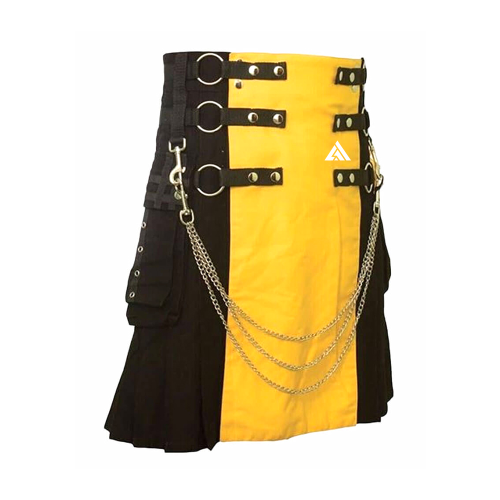 Black and Yellow Utility Kilt with Chains and Rings
