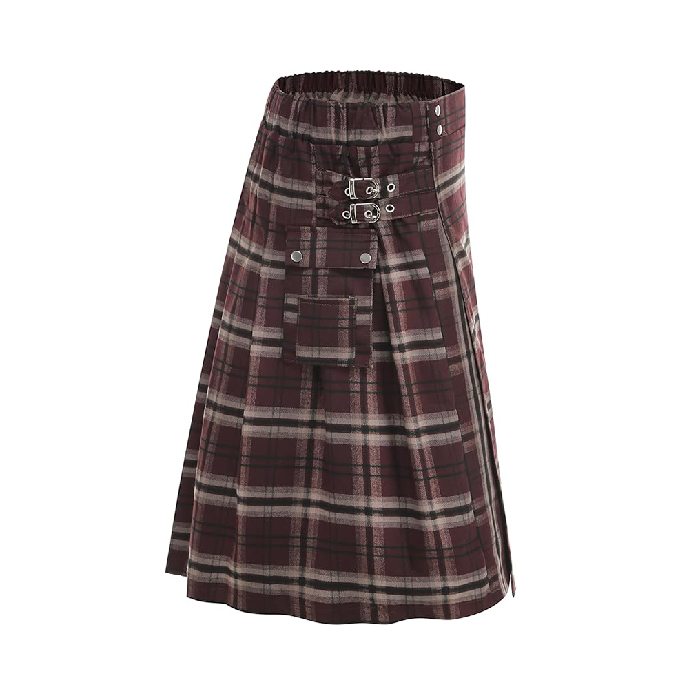 Burgundy and Beige Plaid Utility Kilt