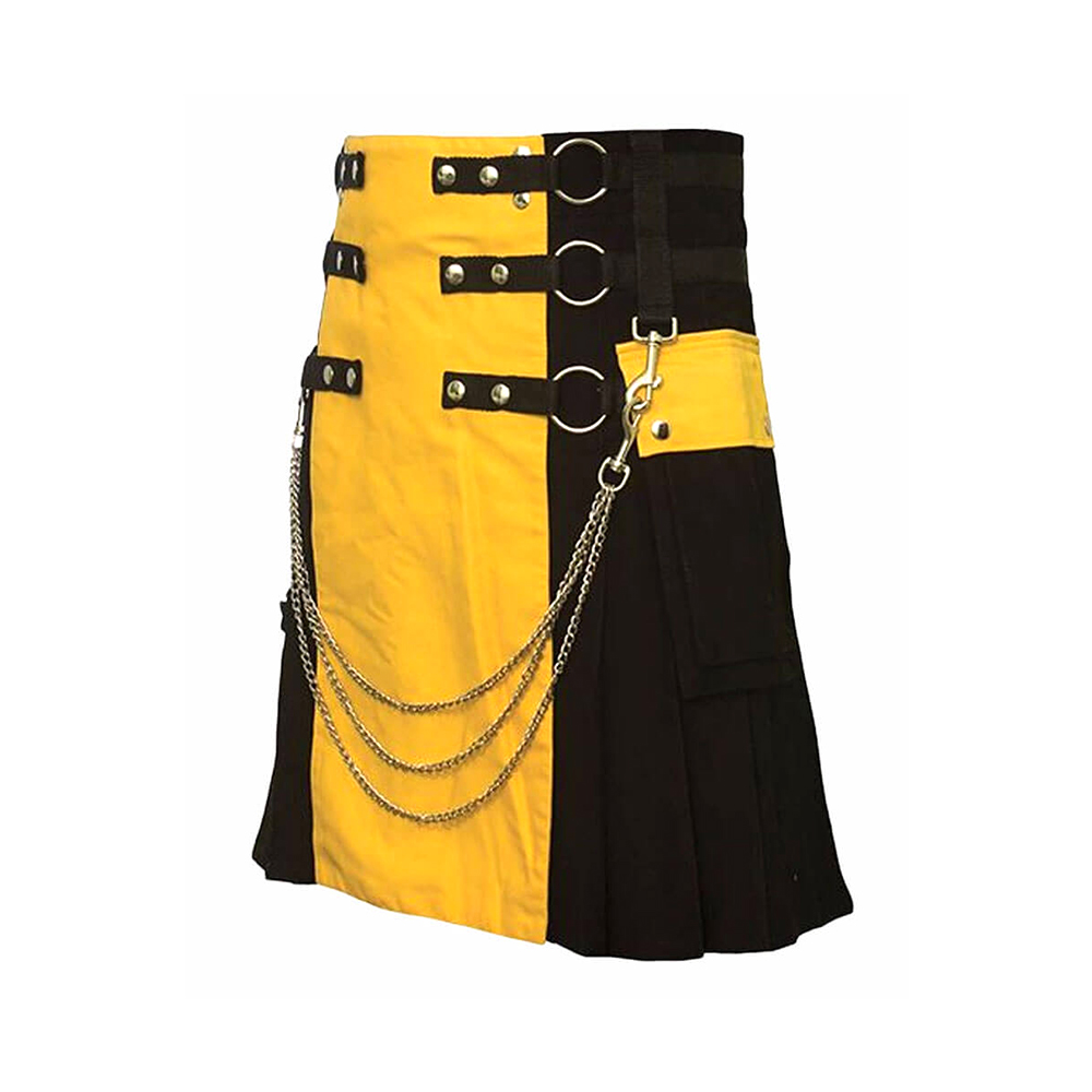 Black and Yellow Utility Kilt with Chains and Rings