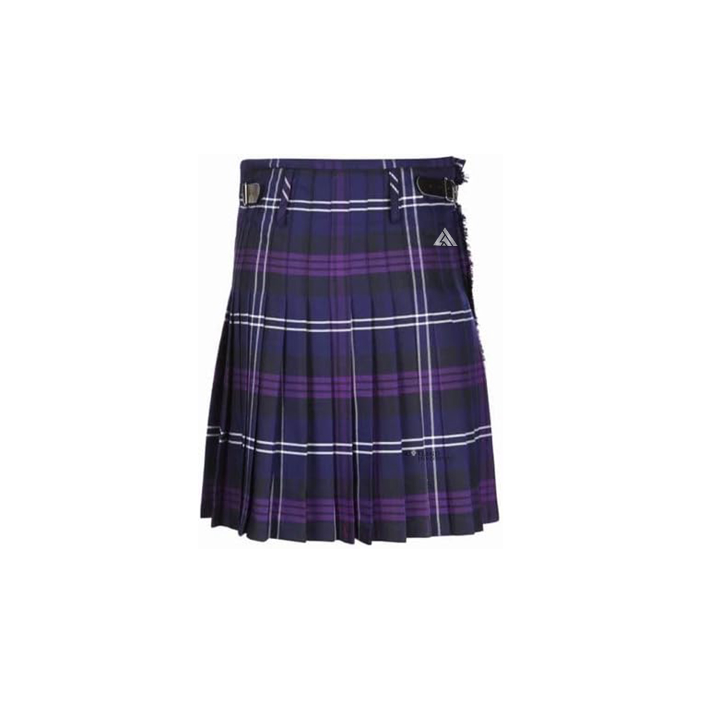 Modern Pleated Kilt in Purple, Blue, and Black Tartan