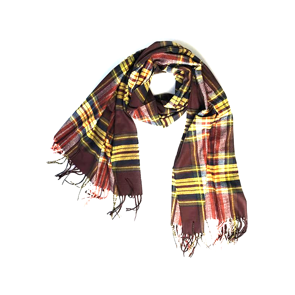 Deep Maroon and Yellow Plaid Scarf with Fringe