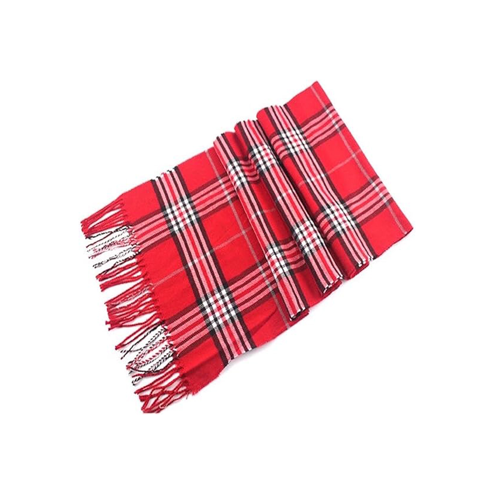 Vibrant Red Tartan Plaid Scarf with Fringe