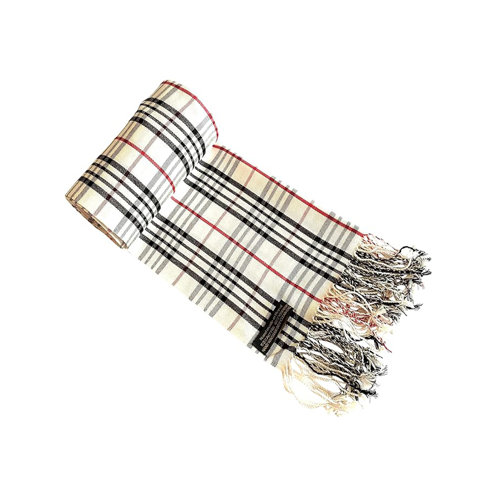 White/Cream Plaid Scarf with Black and Red Lines