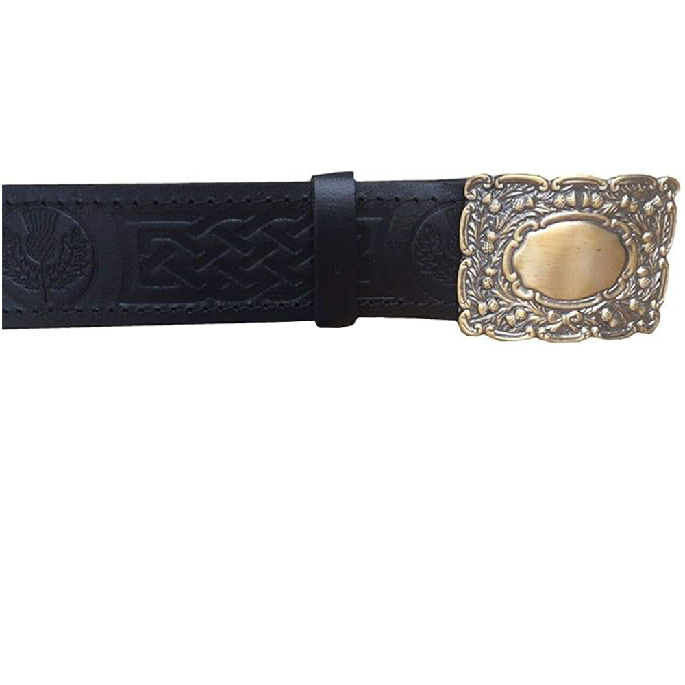 Black Leather Kilt Belt with Ornate Antique Brass Thistle Buckle