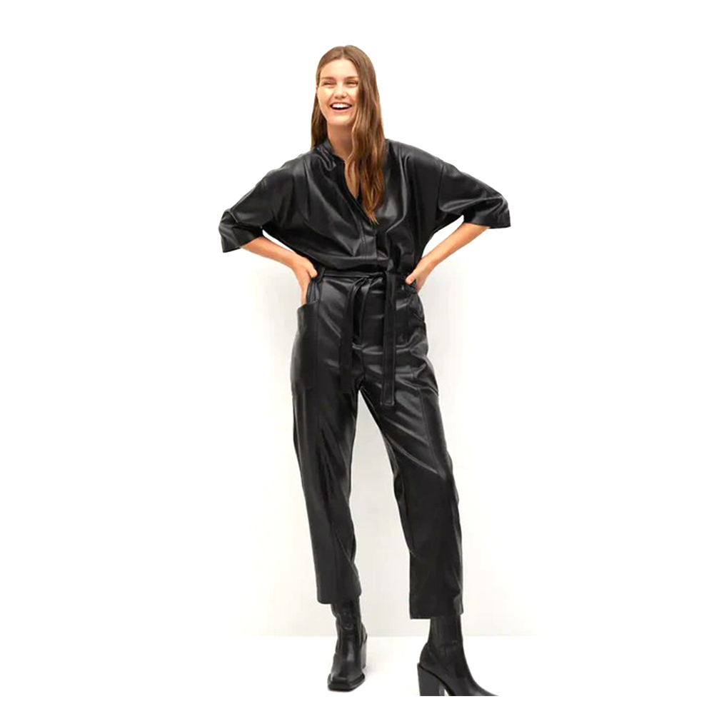 Black Women’s One Piece Real Leather Dress Jumpsuit