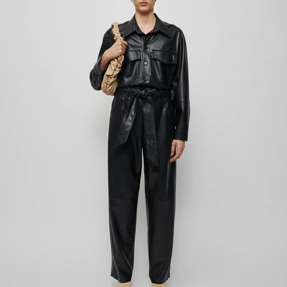 Women’s Black Trucker Styled Utility Leather Dress Jumpsuit