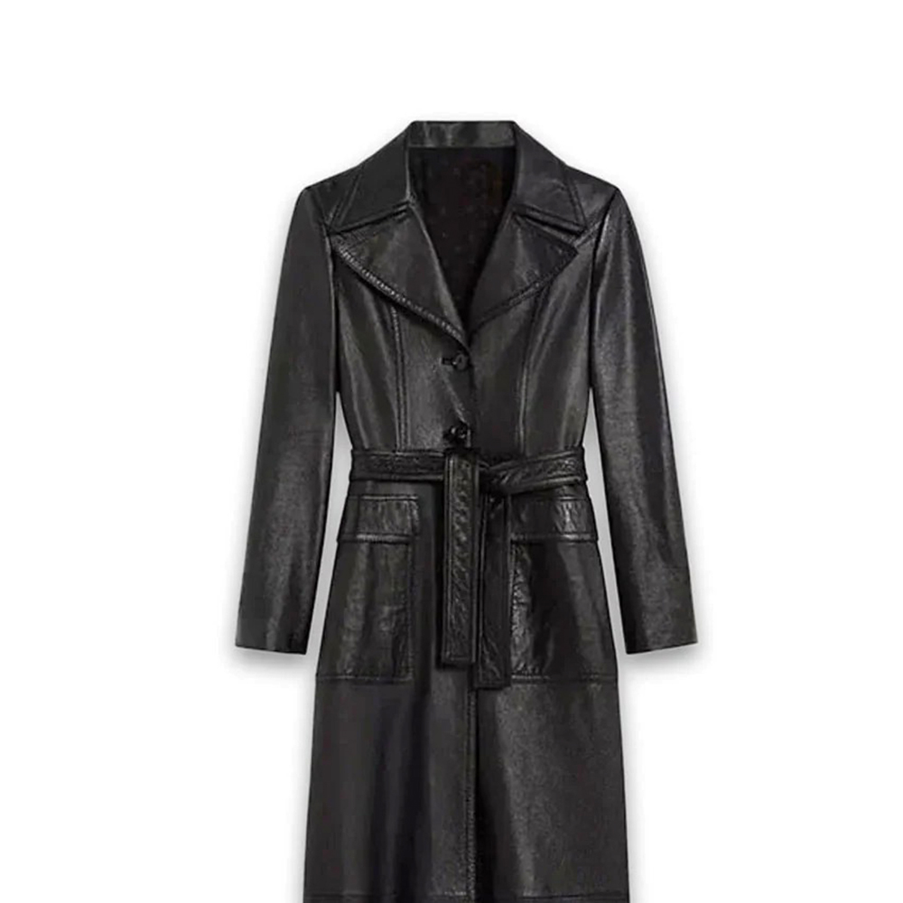 Women Black Leather Long Trench Coat - Image 3