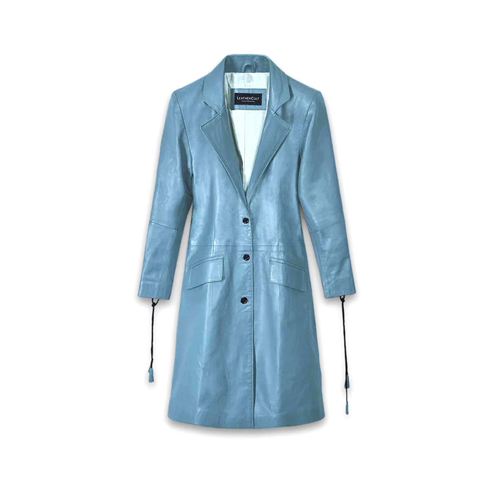 Women’s Sapphire Blue Leather Trench Coat