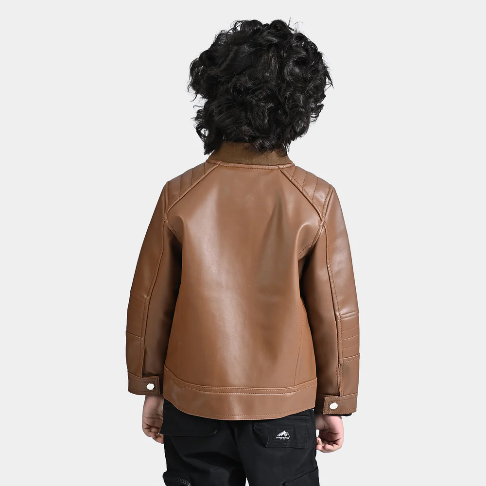 Boys Genuine PU Leather Jacket Biker-BROWN