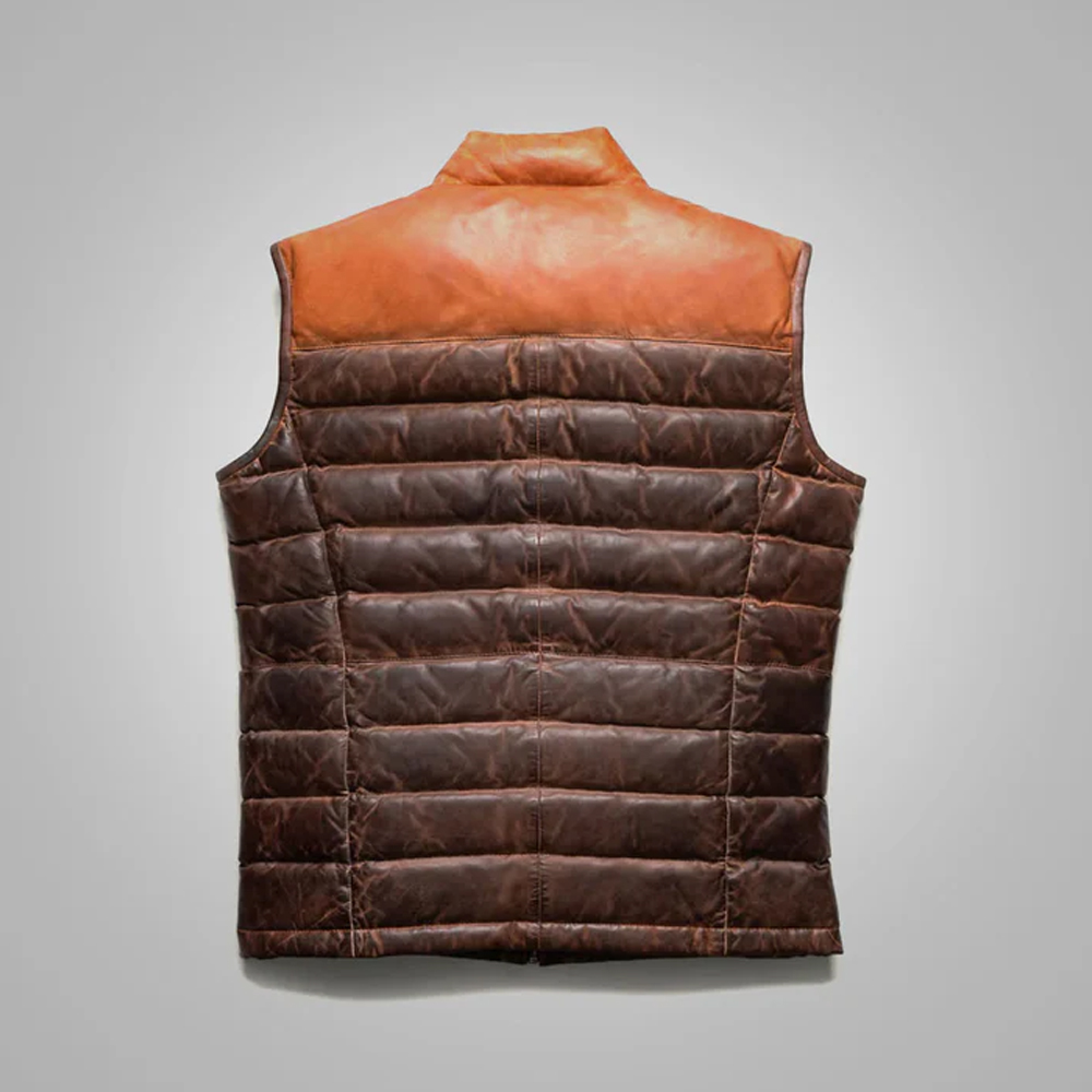 Mens Brown Genuine Bubble Leather Down Vest