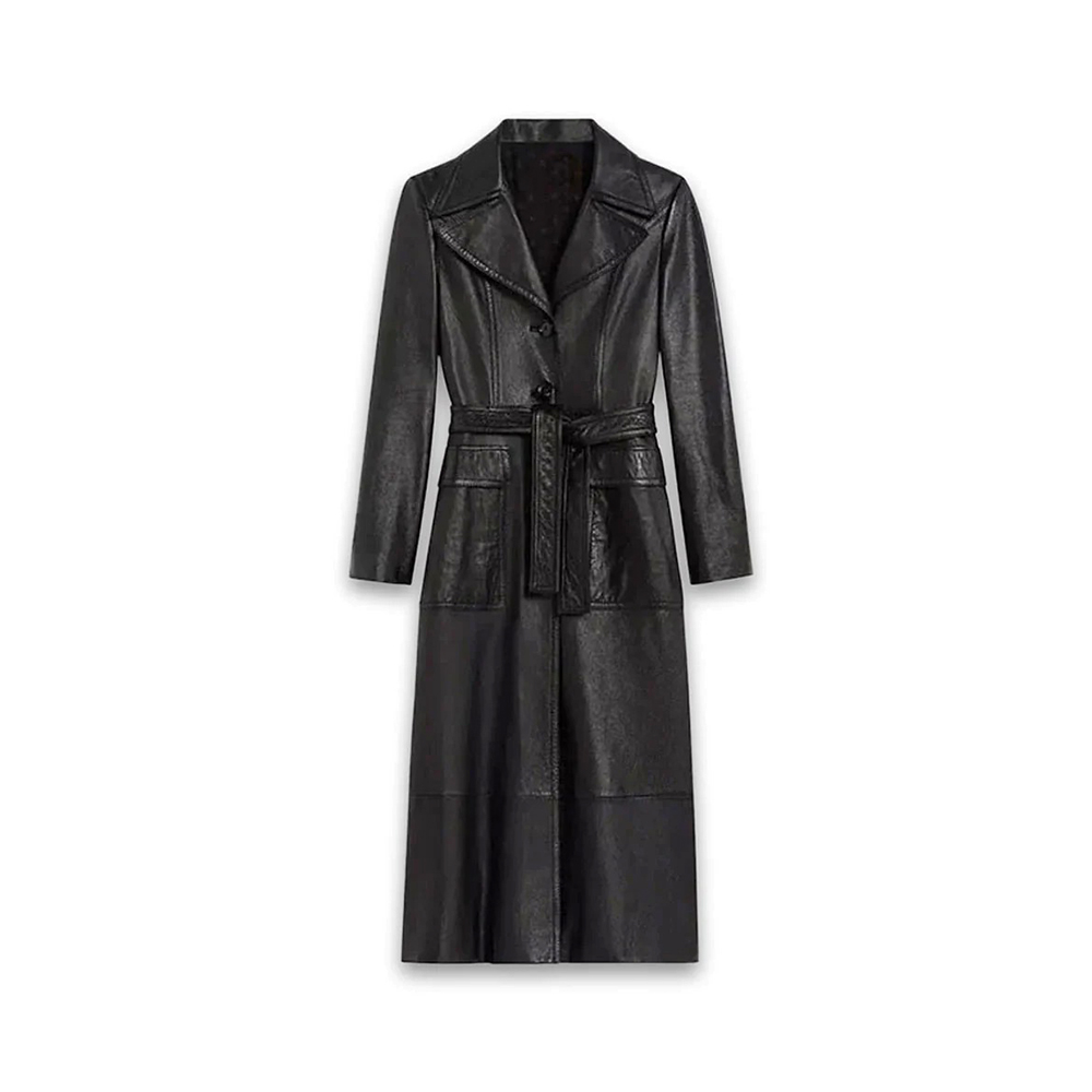 Women Black Leather Long Trench Coat