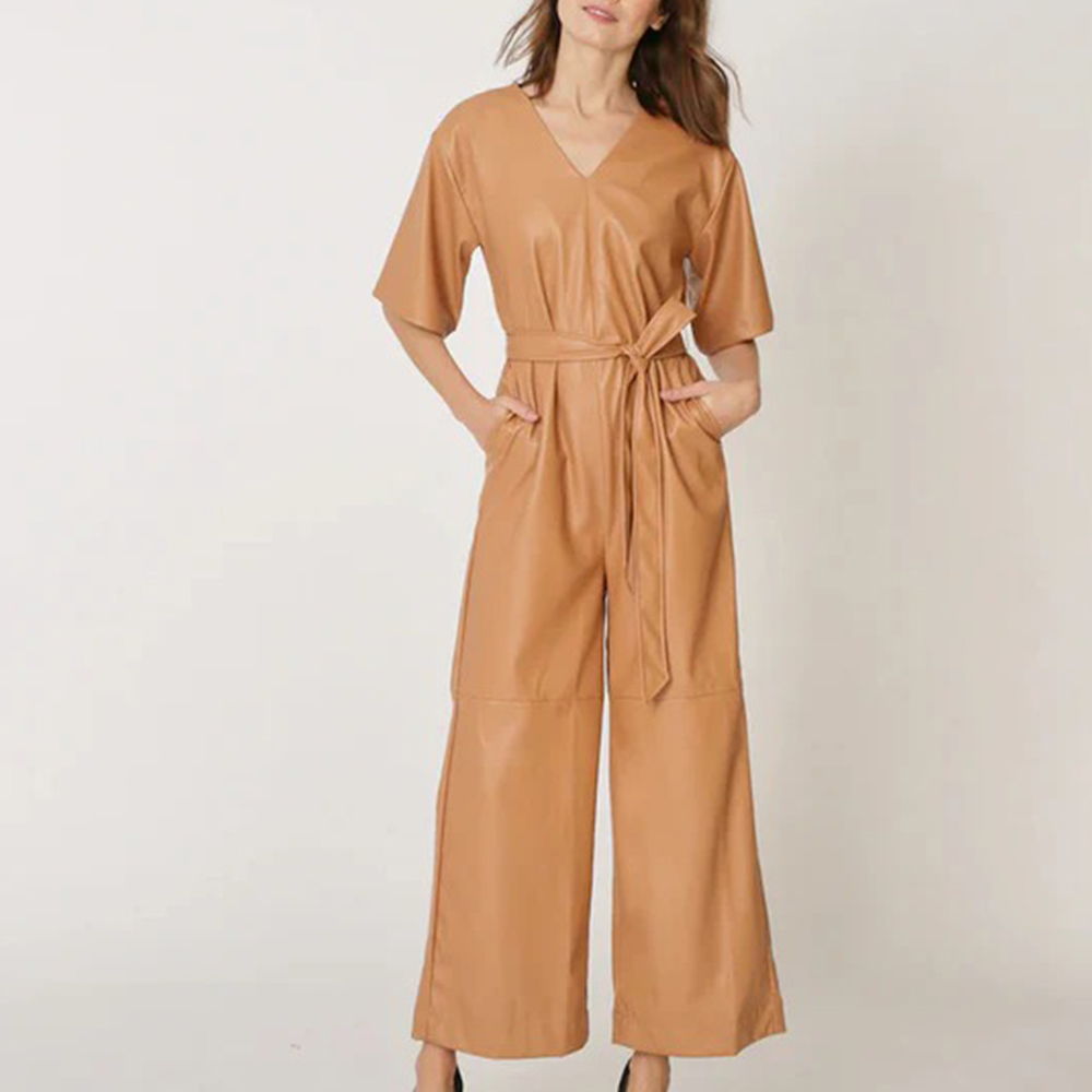 New Women’s Brown Leather Jumpsuit