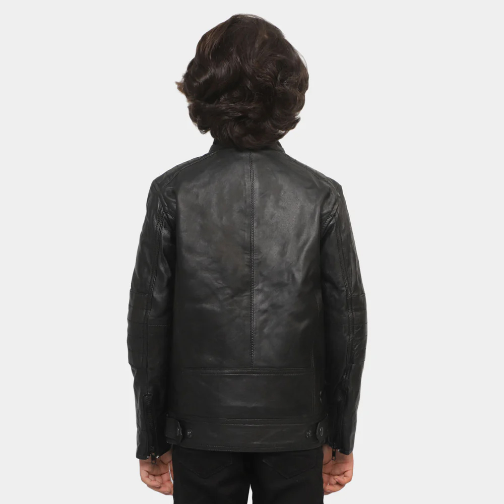 Boys Genuine Sheep Leather Jacket Biker Sleeves-BLACK