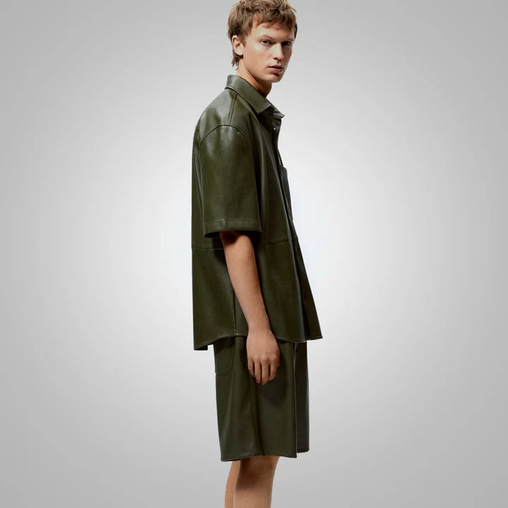 Sky Blue Lambskin Leather Shirt Men