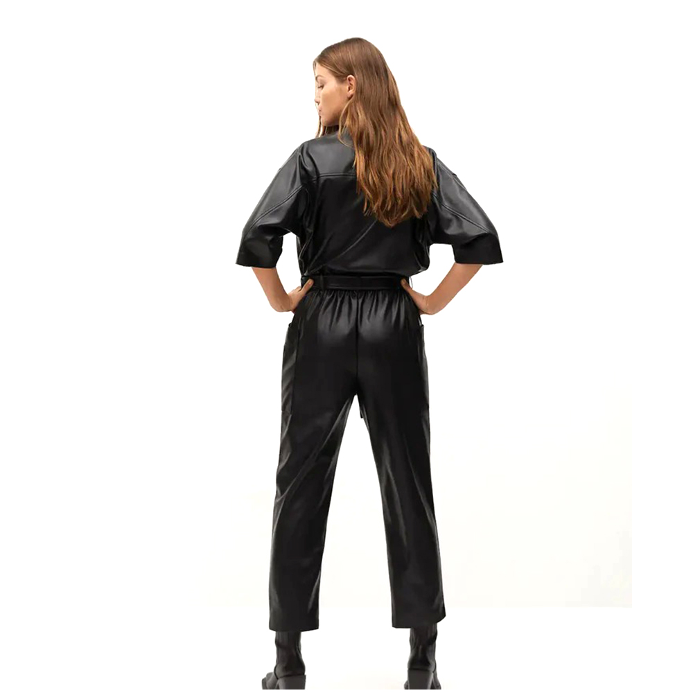 Black Women’s One Piece Real Leather Dress Jumpsuit