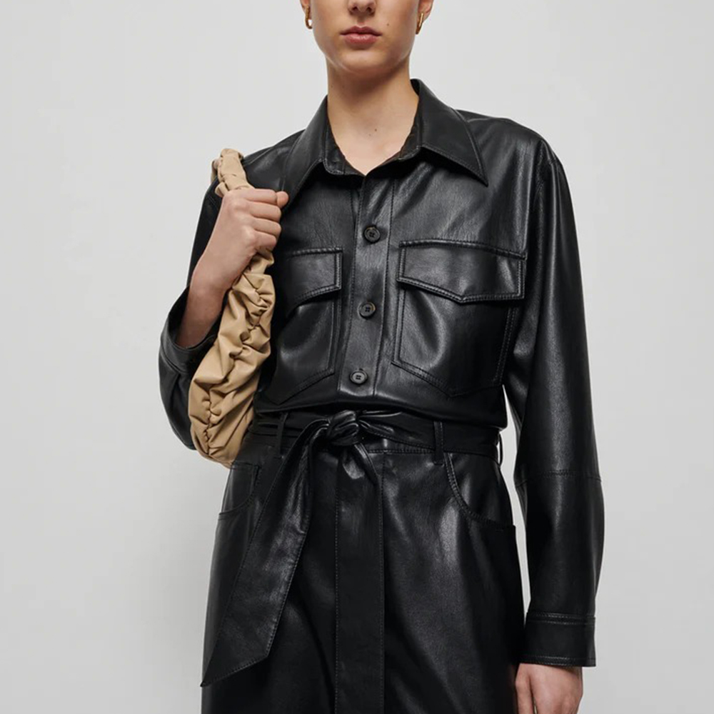 Women’s Black Trucker Styled Utility Leather Dress Jumpsuit