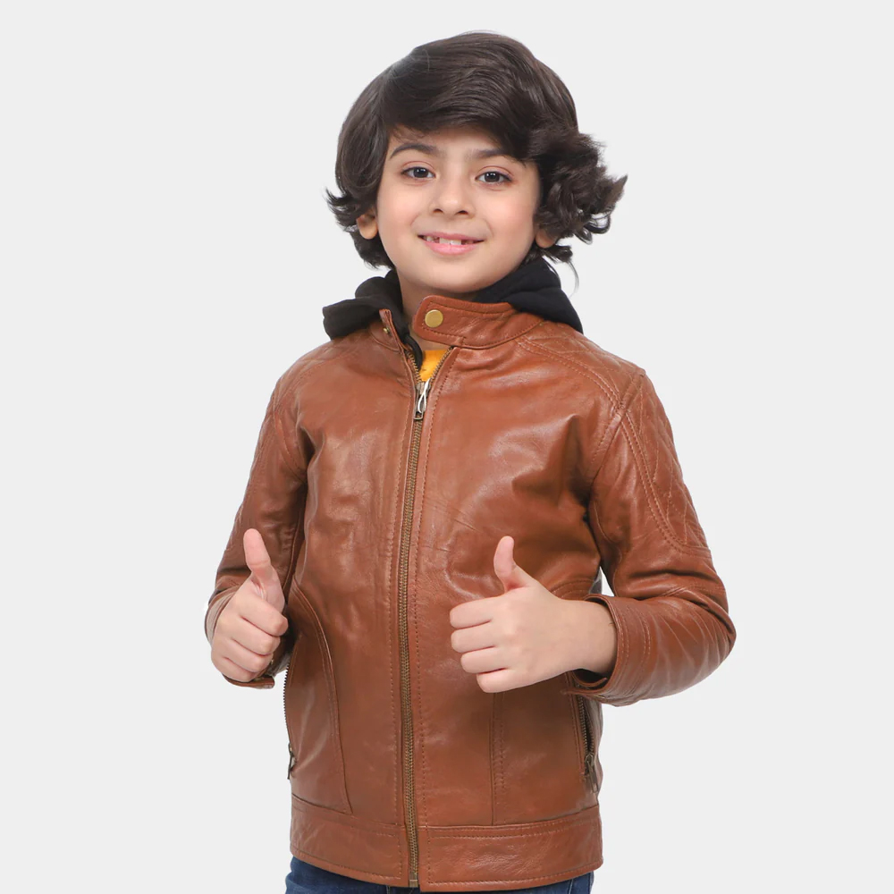 Boys Hooded Genuine Sheep Leather Jacket – Brown