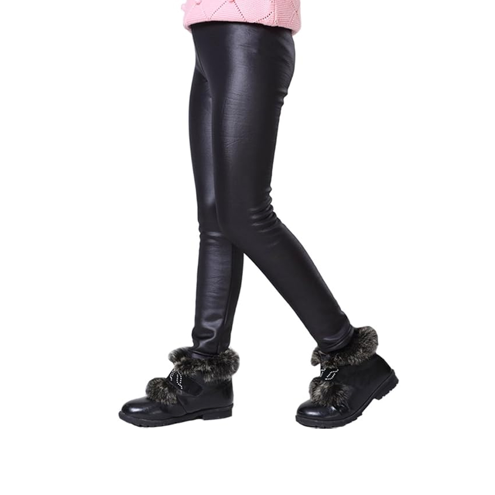 Kids Winter Warm Leggings Stretch Girls Real Leather Fleece Pants